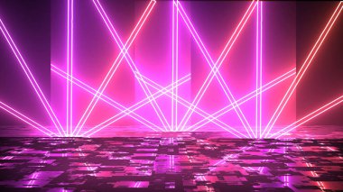 Renkli soyut neon ışıklar sahne gösterisi ödüllerini yansıtıyor. Modayı takip eden neon hatları 3d bg ultraviyole fütüristik stüdyo fx şirket arkaplanı 3d şifreleme para birimi bg.