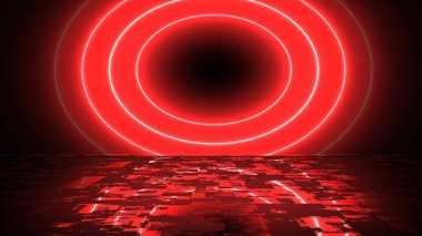 Yansıtıcı daireler parlayan zenginlik kavramı sonsuz döngü portalı bg 'yi açıyor. Gece kulübü hayatı için fütüristik 3D grafik. Yaratıcı fantezi mühendisliği çevrede şenlik alevleri.