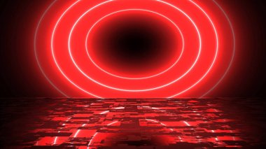 Yansıtıcı daireler parlayan zenginlik kavramı sonsuz döngü portalı bg 'yi açıyor. Gece kulübü hayatı için fütüristik 3D grafik. Yaratıcı fantezi mühendisliği çevrede şenlik alevleri.