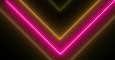 Aşağıya doğru hareket eden neon oklar aydınlatılmış neon ışıklı arka plan 4K. Fizik mühendisliği teknolojisi siber aşama ileri hareket eden seyir okları hareket döngüsü. Perspektif matris lazer 3d.