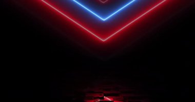 Aşağıya doğru hareket eden neon oklar aydınlatılmış neon ışıklı arka plan 4K. Fizik simetri mühendisliği teknolojisi siber aşama yansımasıyla yön bulma oklarını ileri taşıyor. Matris lazer 3d.