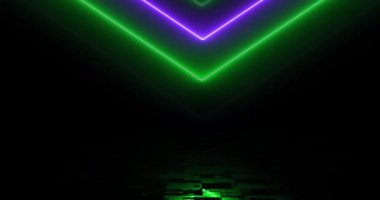Aşağıya doğru hareket eden neon oklar aydınlatılmış neon ışıklı arka plan 4K. Fizik simetri mühendisliği teknolojisi siber aşama yansımasıyla yön bulma oklarını ileri taşıyor. Matris lazer 3d.