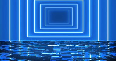 Kare kutular içeri ve dışarı hareket ediyor ve parlayan bg kayboluyor. Dikdörtgen parlak fütüristik yükleme animasyon geometrik kozmik gece kulübü tasarım elementleri altında parlak yansıması olan.