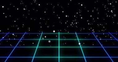 Arka plan 4K 'de yıldızlarla birlikte hareket eden Retro tarzı renkli ızgara. 90 'ların sentetik dalgaları animasyon yüklüyor. VHS lo-fi tarzı müzik videosu gece kulübü broşürü. Elektronik parti antika eğlence oyunları pop sanatı