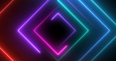 Neon disko ışık kare şekli lazer benzeri geometrik bg. Radyo sihirbazı gece hayatı kulübü döngüsü. Işıldayan parlak fantezi. Sonsuz siber tünel 3D aşaması.