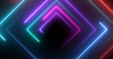 Neon disko ışık kare şekli lazer benzeri geometrik bg. Radyo sihirbazı gece hayatı kulübü döngüsü. Işıldayan parlak fantezi. Sonsuz siber tünel 3D aşaması.