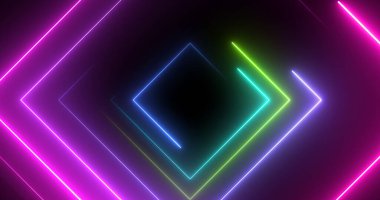 Neon disko ışık kare şekli lazer benzeri geometrik bg. Radyo sihirbazı gece hayatı kulübü döngüsü. Işıldayan parlak fantezi. Sonsuz siber tünel 3D aşaması.