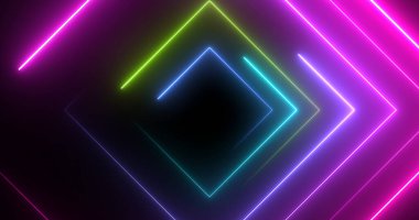 Neon disco light square shape luminous laser-like geometric bg. Round-turning radio magician show nightlife club loop. Glitter glowing illuminated fantasy. Cyber endless tunnel 3d stage. clipart