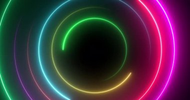 Neon daireler kusursuz döngü 4K 'de dönüyor. Merhaba teknoloji soyut gece kulübü bağlantısı retro tarzı bg. Fütürist yaratıcı, parlak, neon ışıklı dans kulübü sahne arkası. VJ döngü akışı başlıyor.