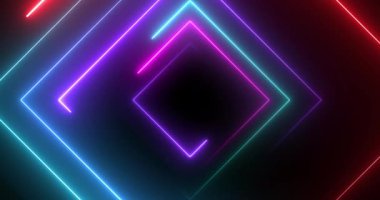 Neon disko ışık kare şekli lazer benzeri geometrik bg 4K. Radyo sihirbazı gece hayatı kulübü döngüsü. Işıl ışıl parlayan fantezi videosu. Siber sonsuz tünel 3D sahne klibi.