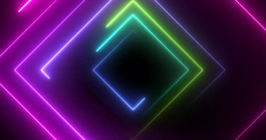 Neon disko ışık kare şekli lazer benzeri geometrik bg 4K. Radyo sihirbazı gece hayatı kulübü döngüsü. Işıl ışıl parlayan fantezi videosu. Siber sonsuz tünel 3D sahne klibi.