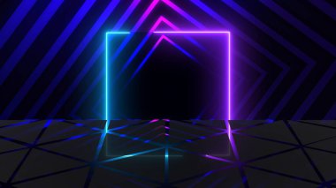 Gece kulübü neon dikdörtgen karesi yansımasıyla hareket ediyor. Çerçeve döngüsü. Fütürist rüya gibi zarif, parlak bir efekt. Parlak hareketli teknik ışıltılı arka plan. Canlı ağ bg