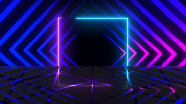 Gece kulübü neon dikdörtgen karesi yansımasıyla hareket ediyor. Çerçeve döngüsü. Fütürist rüya gibi zarif, parlak bir efekt. Parlak hareketli teknik ışıltılı arka plan. Canlı ağ bg