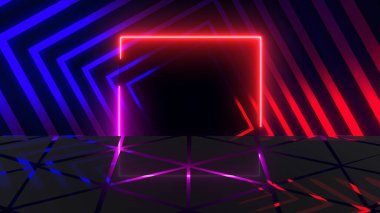 Gece kulübü neon dikdörtgen karesi yansımasıyla hareket ediyor. Çerçeve döngüsü. Fütürist rüya gibi zarif, parlak bir efekt. Parlak hareketli teknik ışıltılı arka plan. Canlı ağ bg