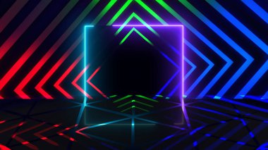 Gece kulübü neon dikdörtgen karesi yansımasıyla hareket ediyor. Çerçeve döngüsü. Fütürist rüya gibi zarif, parlak bir efekt. Parlak hareketli teknik ışıltılı arka plan. Canlı ağ bg
