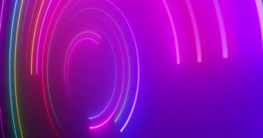 3d Neon circles moving 4K loop. Show starter intro background for videos, titles. Glowing circles light laser like glowing geometric 3d hypnotizing clip. Striped neon club bg. Illuminated swirl curve.