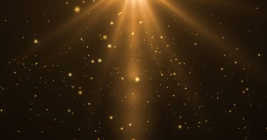 Titreyen altın parçacıkları titreyen yıldızlar hareket ediyor. Sinema ödüllü arka plan. Yeni yıl 2025, 2026 dilekleri bg. Şenlik sezonu kutlama görüntüleri. Şatafatlı cazibe varlığı.