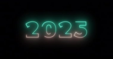 Yeni Yıl, 2025 Yılının Yeni Başlangıcı. Neon hatları siyah bg üzerinde 2025 metin animasyonunu hareket ettiriyor. Işıldayan tabela tahtası, Noel bayramını kutlamak. Döngü şarjörü. Parlak parlayan ışıklar