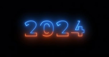 2024 Neon metin yeni yıl kutlama klibi sinematik giriş çıkış 4K siyah bg. Parlayan neon hatları büyüme ve iş için yeni bir başlangıç yapıyor. Elveda 2024, öğrenim yılı sisli, parıltılı sis stili