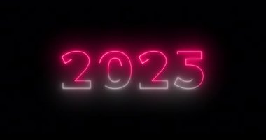Yeni Yıl, 2025 Yılının Yeni Başlangıcı. Neon hatları siyah bg üzerinde 2025 metin animasyonunu hareket ettiriyor. Işıldayan tabela tahtası, Noel bayramını kutlamak. Döngü şarjörü. Parlak parlayan ışıklar