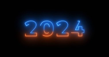 2024 Neon Metin Yeni Yıl Kutlama Videosu sinematik giriş sahnesi siyah bg. Parlayan neon hatları büyüme ve iş için yeni bir başlangıç yapıyor. Elveda 2024, öğrenim yılı sisli, parıltılı sis stili