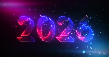 2026 Neon Animasyon Fütüristik Mutlu Yıllar klibi. Siber Yeni Yıl Başarı. Noel arifesi gece kulübü tabela animasyonu. Şenlikli, zarif bir huşu. Toz parçacıkları ışıl ışıl lüks retro video.