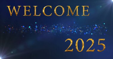 2025 'e hoş geldiniz. Yeni yılınız kutlu olsun partikül bg. Kusursuz döngüsü olan lüks altın 2025. Hoş geldiniz. Şenlikli yıldızlar parlıyor. Neşeli bir eğlence kutlaması..
