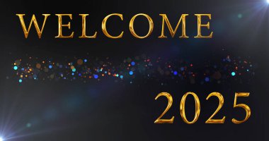 2025 'e hoş geldiniz. Yeni yılınız kutlu olsun partikül bg. Kusursuz döngüsü olan lüks altın 2025. Hoş geldiniz. Şenlikli yıldızlar parlıyor. Neşeli bir eğlence kutlaması..