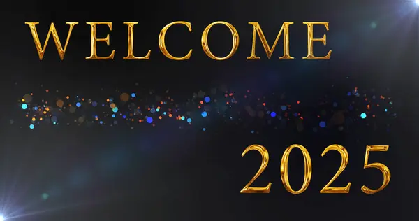 2025 'e hoş geldiniz. Yeni yılınız kutlu olsun partikül bg. Kusursuz döngüsü olan lüks altın 2025. Hoş geldiniz. Şenlikli yıldızlar parlıyor. Neşeli bir eğlence kutlaması..