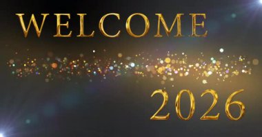 Hoş geldiniz 2026 peri tozu parçacığı sihirli bg 4K parıldıyor. Işıl ışıl sönmüş mutlu yıllar 2026 bg. Bayram bayramı atmosferini kutlayın. Yeni yıla hoş geldin, neşeli gece..