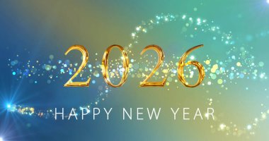 Işıldayan dalga peri tozu sihirli bir şekilde parıldıyor. Mutlu yıllar 2026. Parlak yeni yıl arifesi sosyal medya kartpostal animasyonu. Kış tanıtımları, bayram şenlik mevsimi. Mutlu Noeller..