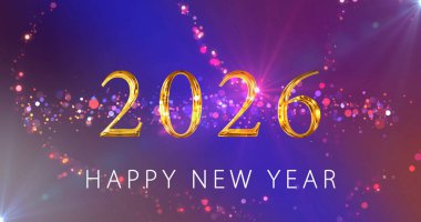 Işıldayan dalga peri tozu sihirli bir şekilde parıldıyor. Mutlu yıllar 2026. Parlak yeni yıl arifesi sosyal medya kartpostal animasyonu. Kış tanıtımları, bayram şenlik mevsimi. Mutlu Noeller..