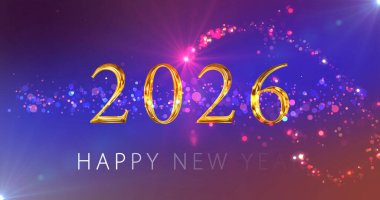 Işıldayan dalga peri tozu sihirli bir şekilde parıldıyor. Mutlu yıllar 2026. Parlak yeni yıl arifesi sosyal medya kartpostal animasyonu. Kış tanıtımları, bayram şenlik mevsimi. Mutlu Noeller..