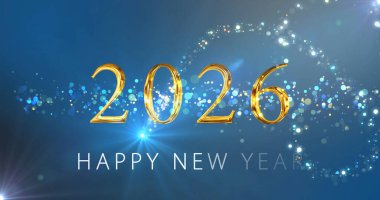 Işıldayan dalga peri tozu sihirli bir şekilde parıldıyor. Mutlu yıllar 2026. Parlak yeni yıl arifesi sosyal medya kartpostal animasyonu. Kış tanıtımları, bayram şenlik mevsimi. Mutlu Noeller..