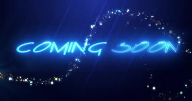 Yakında neon tasarımı metin animasyonu 4K. Geometrik video hareket eden peri tozu giriş çizgileri. Film karavanı metni sinema stili oyuncu fütüristik teknoloji bg 'yi ortaya çıkardı. Canlı yayın yapan varlık oyunu.