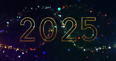 Altın 2025 Yıllık Reklam Lüks BG 4K videosu. Parıldayan peri tozu parçacığı bg ile 2025 metni. Ürünleri, ödül törenini, sahne döngüsünü gösteren titreşimli partiküller. Yeni yıl kartı.