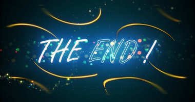 Modern tarz Çağdaş The End tipografik altın bg. Sinema kaplama şablonu, giriş çıkış hareketini göster. Tiyatro sinemasının yaratıcı başlığı. Akım sonu grafiği. Maske tanıtımı römorku.