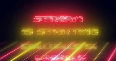 Akım yakında başlıyor. Grafik döngü 4K. Neon akışı oyun başlatan Livestream video bg 'i duraklatmaya başlıyor. Neon parıltısı ızgara bg hareket eden 3D video. Şablon oyunu reklam duyurusu kavramını eşleştir.