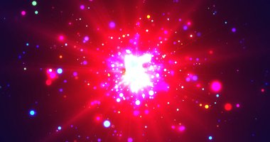 Üç boyutlu parçacık patlaması galaksi uzay bg 'si. Patlayıcı büyük patlama bulutu koyu sihirli renklerde patladı. Gece gökyüzü fantezi yıldızları ortaya çıkıyor. Süpernovalar çok renkli yıldızlar ve hareket eden kuyrukluyıldızlarla doğar. Boşluk bg.