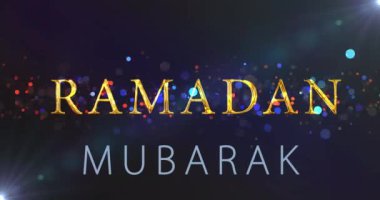 Lüks altın klas Ramazan Kareem Mübarek 4K özgeçmiş diliyor. Kutsal İslam ayının oruç tutmasını dileyen toz altın parçacıkları. Arapça selamlama bg. geleneksel mesaj kartı parlak bir döngü.
