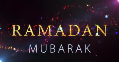 Lüks altın klas Ramazan Kareem Mübarek 4K özgeçmiş diliyor. Kutsal İslam ayının oruç tutmasını dileyen toz altın parçacıkları. Arapça selamlama bg. geleneksel mesaj kartı parlak bir döngü.