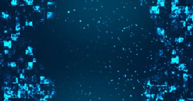 Teknoloji karesi parçaları düşüyor ve şebeke arka planında yükseliyor. Neon devre kapasitör ram veri transferi. Yer tutucu için merkezinde boşluk olan siber uzay konsepti bulutlandırılıyor.