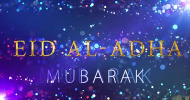 Bakra Kurban Bayramı, Kurban Bayramı, altın renkli, parlak parçacık tebrik kartı bg. 4K. İslam festivali Arap kültürünü kutluyor. Lüks eğlence sezonu zarif temalı tasarım. Işıltılı reklam müslüman bayramı klibi.