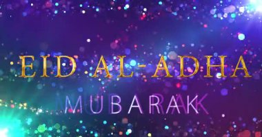 Bakra Kurban Bayramı, Kurban Bayramı, altın renkli, parlak parçacık tebrik kartı bg. 4K. İslam festivali Arap kültürünü kutluyor. Lüks eğlence sezonu zarif temalı tasarım. Işıltılı reklam müslüman bayramı klibi.