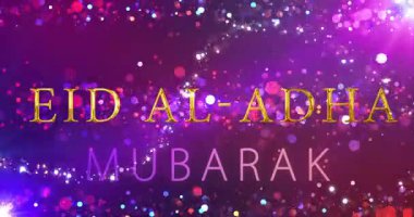 Bakra Kurban Bayramı, Kurban Bayramı, altın renkli, parlak parçacık tebrik kartı bg. 4K. İslam festivali Arap kültürünü kutluyor. Lüks eğlence sezonu zarif temalı tasarım. Işıltılı reklam müslüman bayramı klibi.