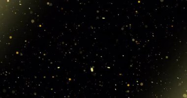 4K incelikli altın toz parçacığı arka planı gerçekçi ışık toz efektini siyaha boyar. Hava küçük toz bulutunu örtüyor. Uçan gerçek gibi parıldayan parçacıklar. Peri fantazisi şeffaf atmosfer..