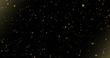 İnce altın toz parçacığı arka planı gerçekçi ışık toz efektini siyaha boyar. Hava küçük toz bulutunu örtüyor. Uçan gerçek gibi parıldayan parçacıklar. Peri fantazisi şeffaf atmosfer..