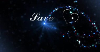 Güzel, lüks bir kraliyet düğünü ilanı. 4K. Bulanık hareket parçacıkları ve peri tozu ile nişanlı bg altın harfleri ortaya çıkarıyor. Kalpli tebrik kartı poster süslemesi.