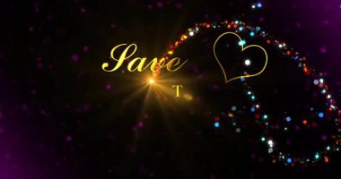 Güzel, lüks bir kraliyet düğünü ilanı. 4K. Bulanık hareket parçacıkları ve peri tozu ile nişanlı bg altın harfleri ortaya çıkarıyor. Kalpli tebrik kartı poster süslemesi.