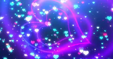 Kalp şekilleri pırıl pırıl parıldıyor ve parıldıyor. Mutlu, neşeli bir kutlama bg 'si. Nişan duyurusu, kalpler merkezde. Yıldönümü hediyesi, Şubat Aşk Teması. Tebrik kartı